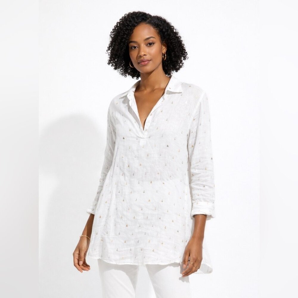 For Cynthia White Linen Anchor Blouse Size XL Nautical Beach Tunic Lagenlook Top